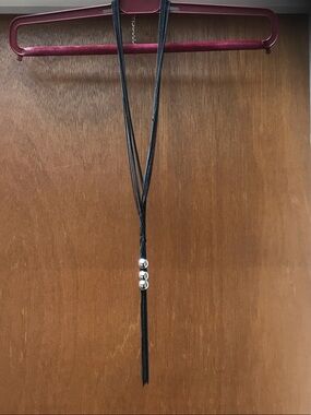 Black Cord Lariat style Necklace with Silver Beads